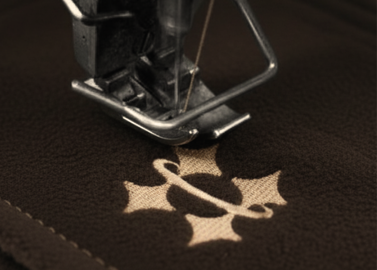 Close-up of a sewing machine needle on brown fabric with a logo design.