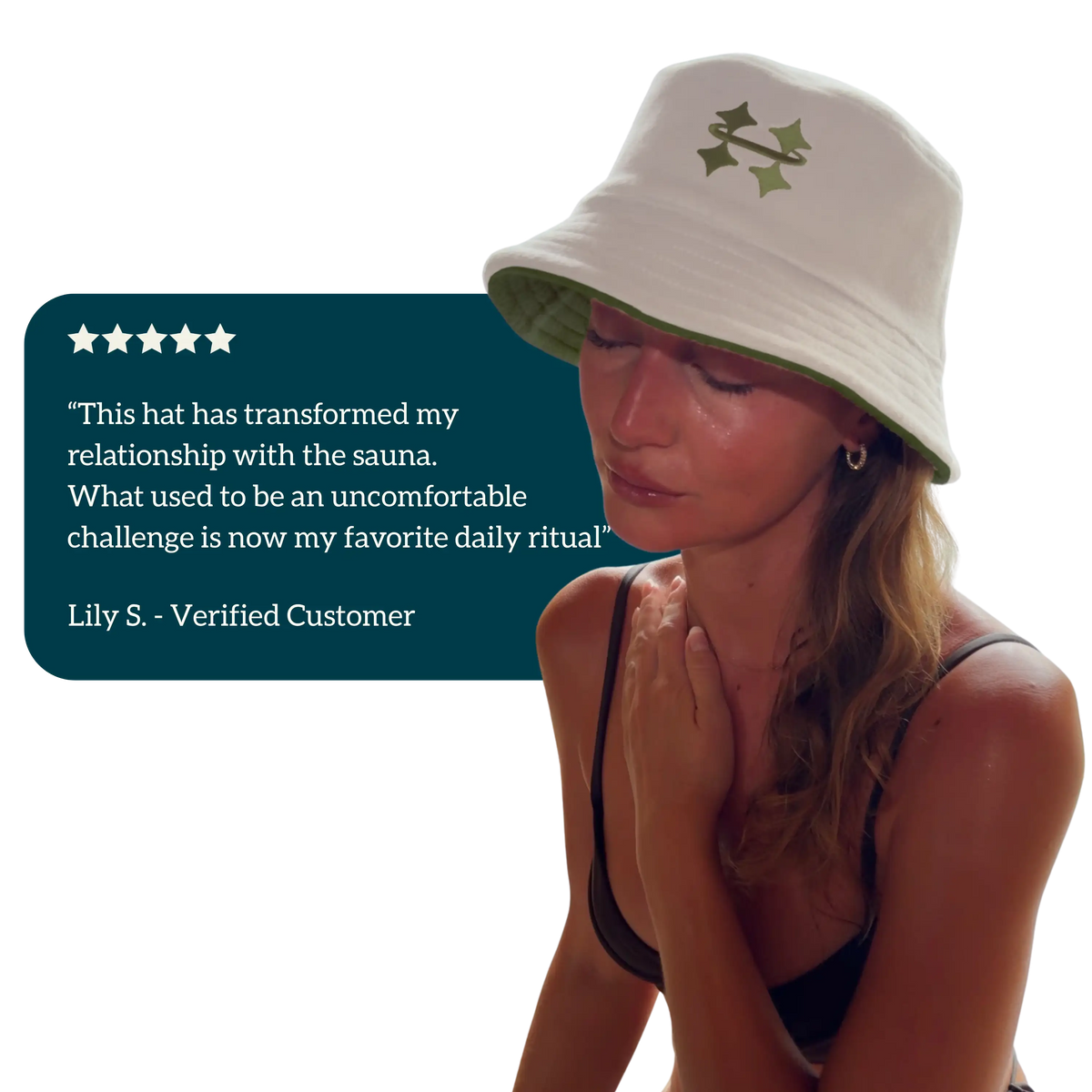 A woman wearing a white Halo sauna hat with a green logo on the front, set against a white background with a dark teal customer testimonial overlay on the left.